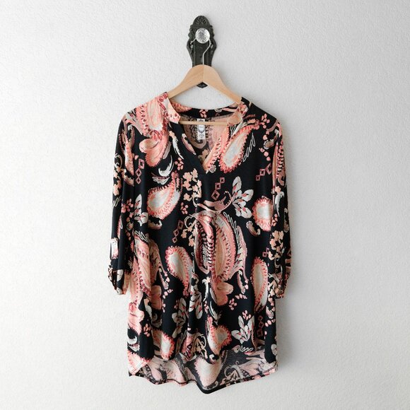 Honeyme Blouse Size Medium Black Pink Paisley Floral Print Tunic Top Made in USA - Picture 1 of 7